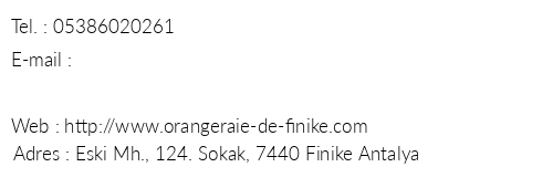 L'orangeraie De Finike telefon numaralar, faks, e-mail, posta adresi ve iletiim bilgileri